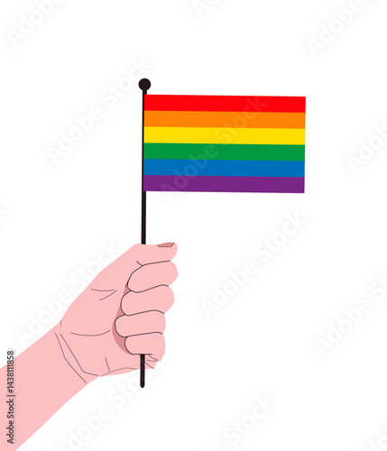 Hand holding LGBT rainbow flag - design element for pride month