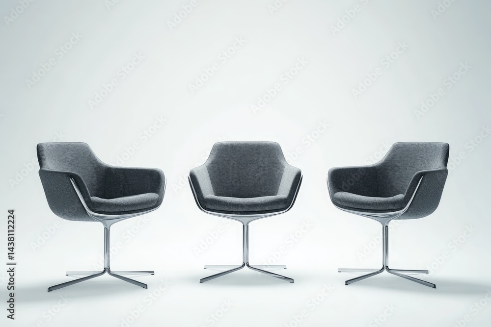 Three modern gray fabric chairs with chrome bases, arranged in a row against a white background. Three modern gray fabric chairs with chrome bases, arranged in a row against a white background.