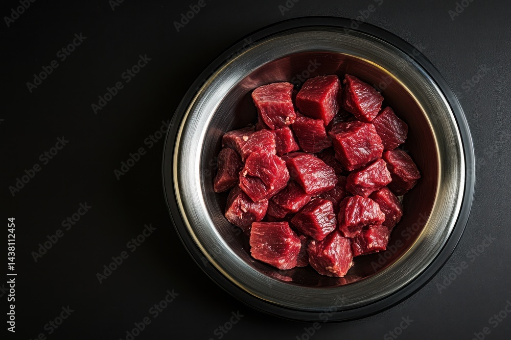 Raw beef cubes in a metal bowl (1) Raw beef cubes in a metal bowl (1)