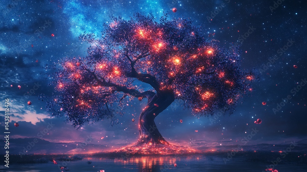 Naklejka premium Enchanted Luminescence, A Mystical Tree Aglow Under the Starry Night Sky