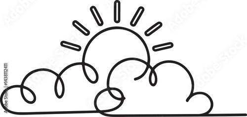 A vibrant black and white continuous line art of a sunny sky with the sun shining brightly above clouds representing happiness and optimism isolated on white background
