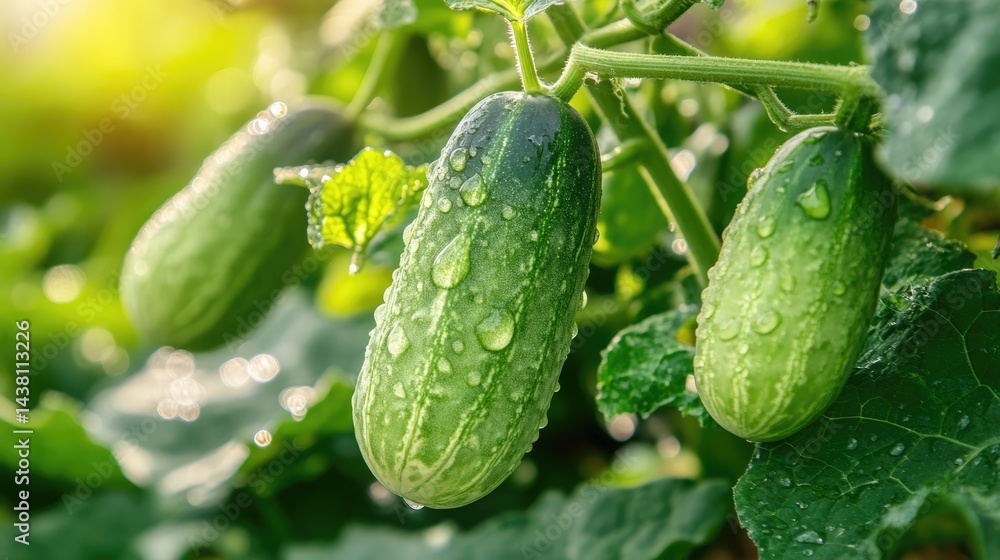 Bright green cucumber covered in dew drops sits close-up among leafy greenery in a greenhouse. A crisp, refreshing product. Bright green cucumber covered in dew drops sits close-up among leafy greenery in a greenhouse. A crisp, refreshing product.