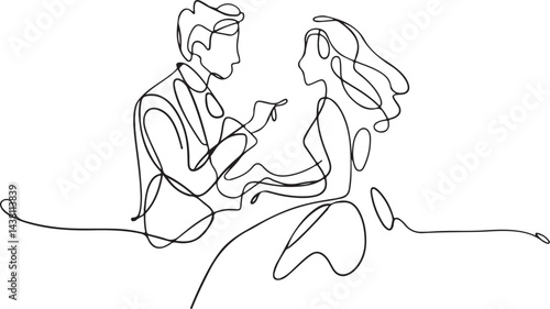 A minimalist black linear sketch of a man flirting with a woman during a romantic date, depicted in continuous line art on a white background