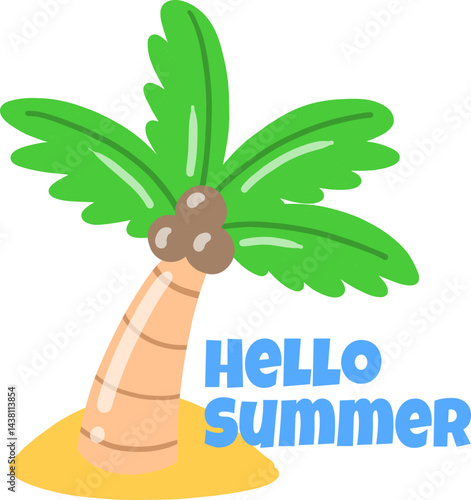 Hello Summer A cheerful illustration of a palm tree on a sandy beach perfect for summer designs and vacation themes