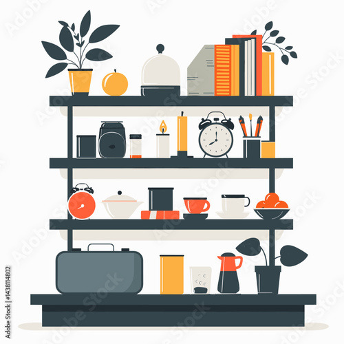 Kitchen shelves with kitchen utensils. Flat style vector illustration.

