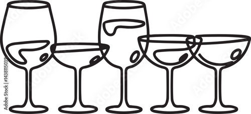 A minimalist black linear design of different wine glasses in continuous line art style, designed for wine tasting, isolated on a white background
