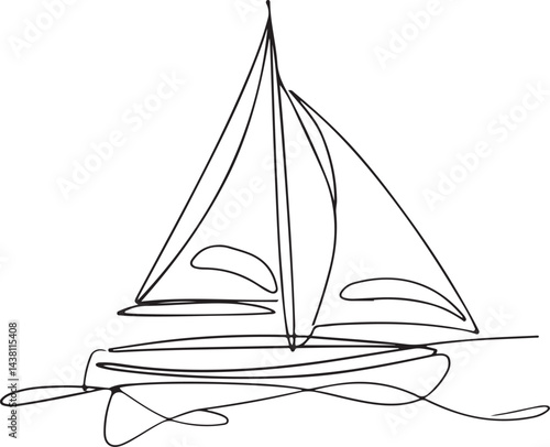 A minimalist black linear design vector illustration of a sailboat with one mast and triangular sail, sailing through waves in a continuous line art style