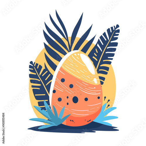 Easter egg with eggshell and palm leaves. Vector illustration.
