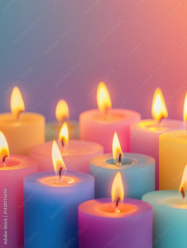 A collection of vibrant, lit candles inside colored votive holders arranged against a gradient blue backdrop. A collection of vibrant, lit candles inside colored votive holders arranged against a gradient blue backdrop.