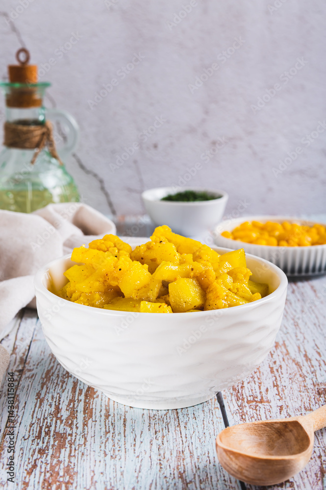 Vegetarian curry with potatoes and cauliflower in a bowl on the table vertical view