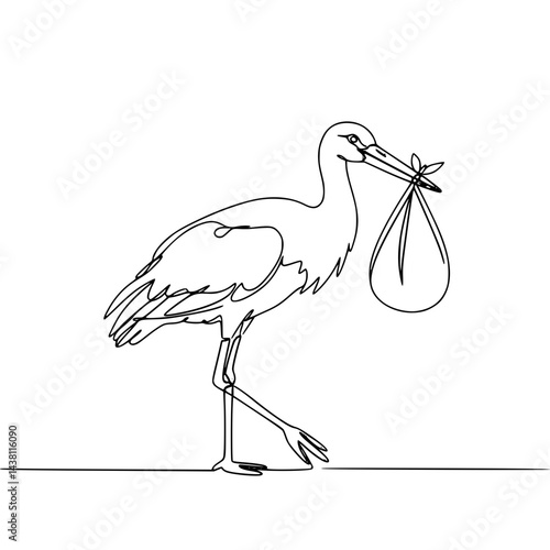 Stork delivering a baby bundle in minimalistic line art, transparent background  