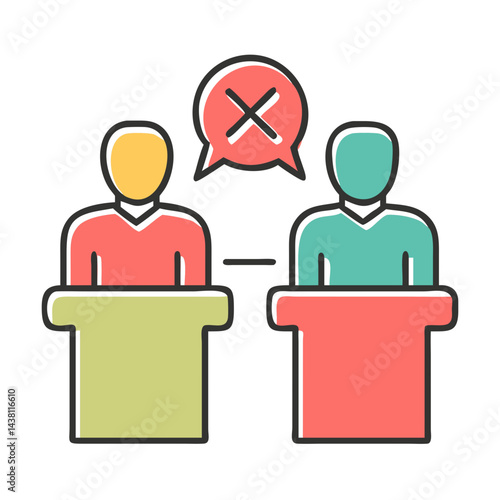 Colourful line art icon depicting two figures standing behind podiums facing each other.Represents disagreement or debate for news sites,political blogs and discussion forums.