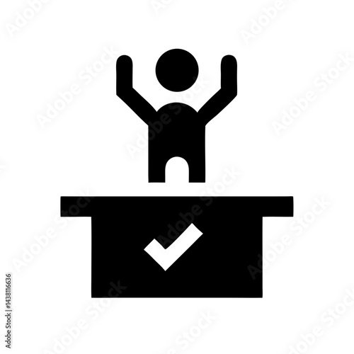 A flat icon of a person with a checkmark on a podium, representing success or approval. This image is great for websites or blogs about voting, achievement, or results.


