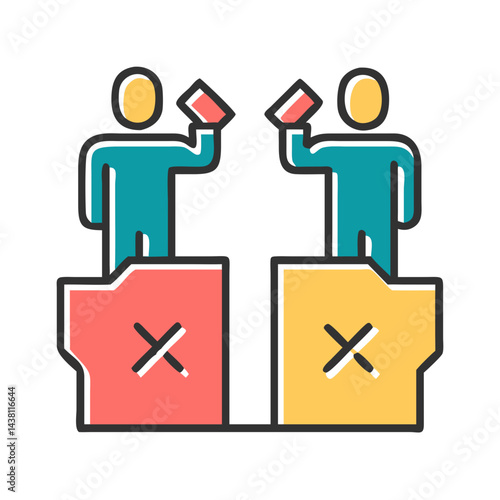 Colourful line art icon depicting two figures standing behind podiums facing each other.Represents disagreement or debate for news sites,political blogs and discussion forums.