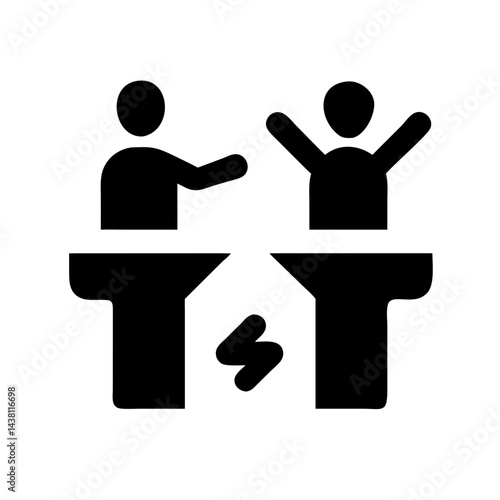 A flat icon of two figures debating on platforms with a lightning symbol between them. This image is great for websites or blogs about debate, conflict, or communication.


