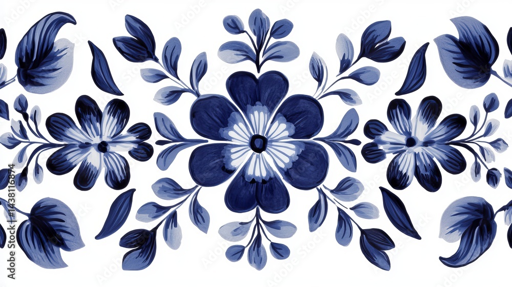 Fototapeta premium Floral border with blue flowers and leaves in a symmetrical pattern on a white background design element