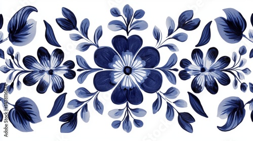 Fototapeta Naklejka Na Ścianę i Meble -  Floral border with blue flowers and leaves in a symmetrical pattern on a white background design element
