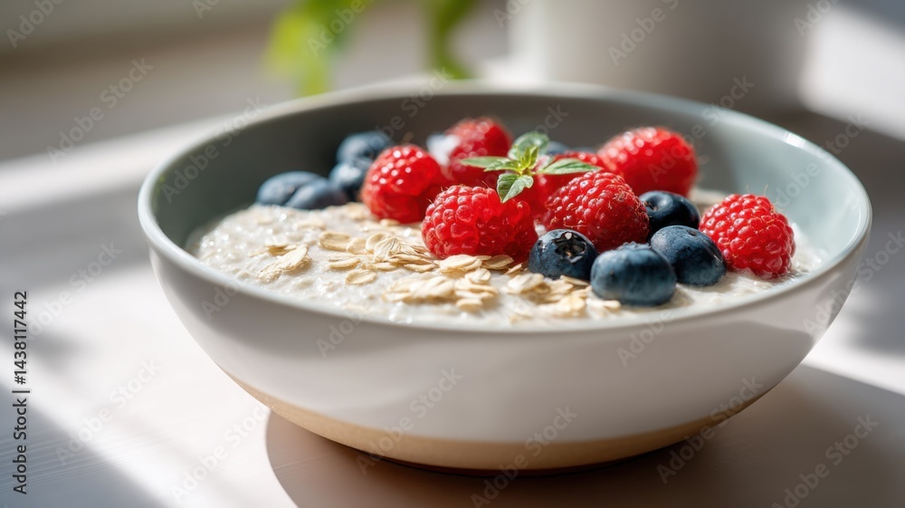 Healthy recipes, high fiber and grains. A bowl of oatmeal topped with fresh raspberries, blueberries, oats, and a sprig of mint, bathed in natural sunlight. Healthy recipes, high fiber and grains. A bowl of oatmeal topped with fresh raspberries, blueberries, oats, and a sprig of mint, bathed in natural sunlight.