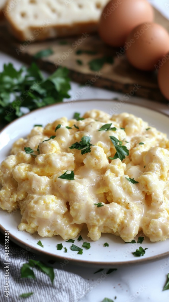 Creamy mashed potatoes topped with fresh chopped parsley served on a white plate with eggs and herbs in the background for a hearty breakfast or side dish Creamy mashed potatoes topped with fresh chopped parsley served on a white plate with eggs and herbs in the background for a hearty breakfast or side dish