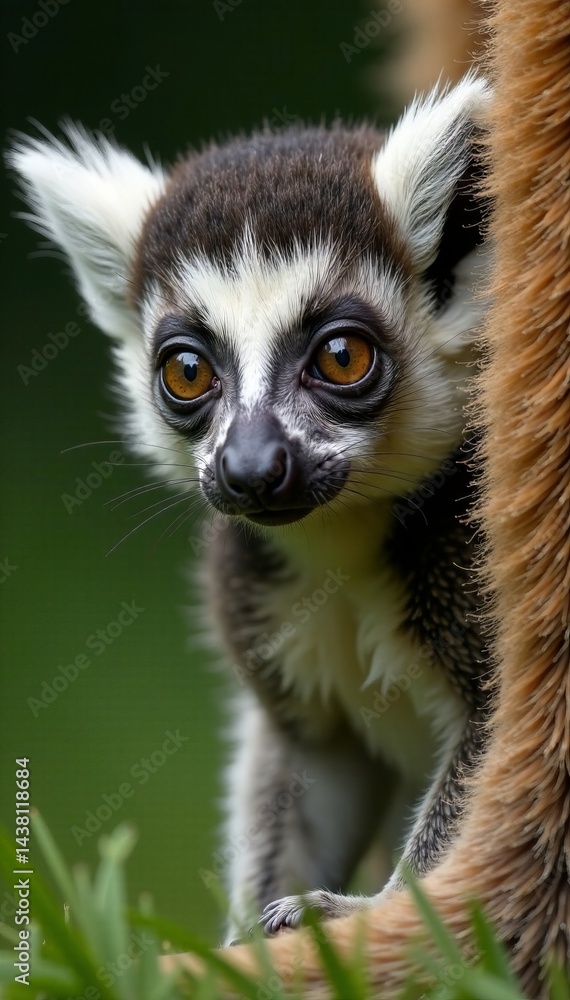 Obraz premium A close-up of a cute baby lemur peeking from behind a parent in a lush green setting.