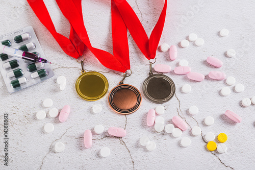 Pill and injections for doping athletes on a light background