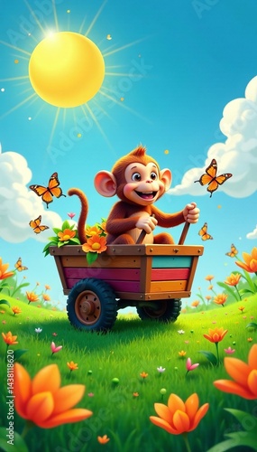 A cheerful monkey rides a wagon filled with flowers, surrounded by butterflies in a sunny meadow.