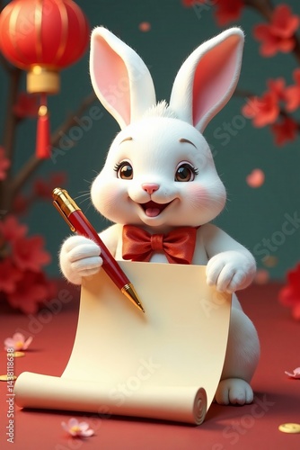 A cheerful rabbit writing on a scroll, symbolizing joy and creativity during festivities.