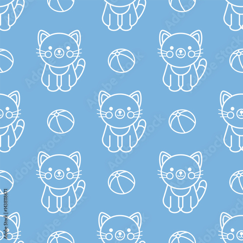Cute kitty and a ball, outline drawing on a blue background. Seamless pattern under clipping mask, convenient for editing. Childish background for textile, paper, cover, gift wrap, wallpaper.