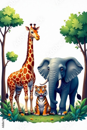 A colorful illustration of a giraffe, elephant, and tiger among lush greenery.