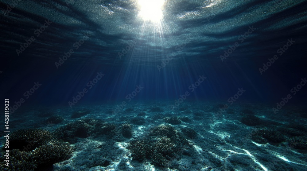 Deep ocean floor, sunlight beams through water Deep ocean floor, sunlight beams through water