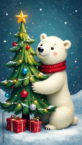 A cute polar bear surrounded by a festive Christmas tree and presents in the snow.