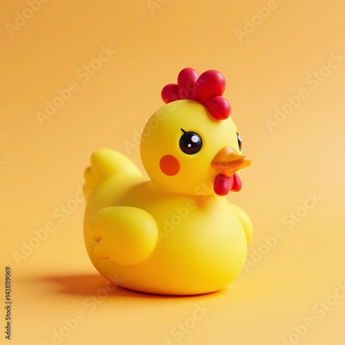 A cute rubber chicken toy on a vibrant yellow background, perfect for playful decor.