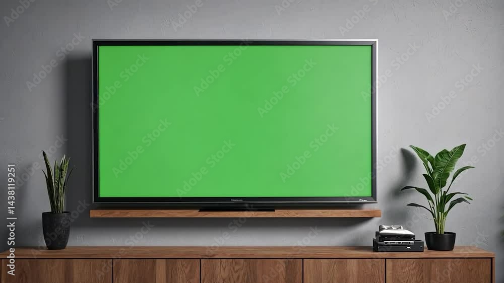 Modern living room setup with a television featuring a chroma key screen Modern living room setup with a television featuring a chroma key screen
