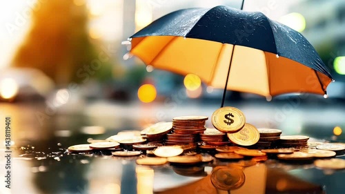 Wallpaper Mural Financial Shield: A visual representation of financial security and protection, featuring a symbolic umbrella sheltering a pile of coins against a backdrop of a rainy day. Torontodigital.ca