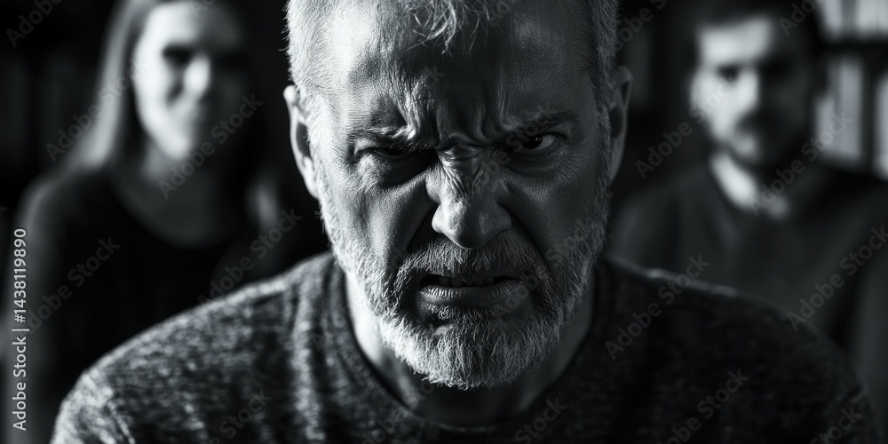 Fototapeta premium This image captures a man in deep thought amidst the blur of his surroundings. The focus is on his expressive face, with his eyes closed and a serious expression etched across his features. The out-of