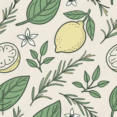 Lemons arranged with rosemary thyme and basil