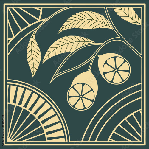 Lemons embedded in a sleek art deco frame pattern