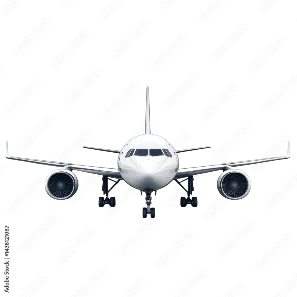 Naklejka premium realistic commercial passenger airplane isolated on clean white background, centered object with margin space, detailed aircraft design, no edge contact, professional tourism vehicle