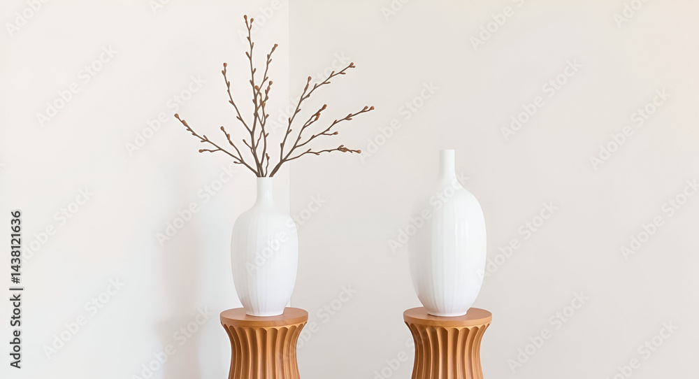 Two white ceramic vases with subtle ridges on fluted wooden pedestals, holding dried branches. Soft creamy white walls create a minimalist, warm, serene, and contemplative atmosphere.
Two white ceramic vases with subtle ridges on fluted wooden pedestals, holding dried branches. Soft creamy white walls create a minimalist, warm, serene, and contemplative atmosphere.