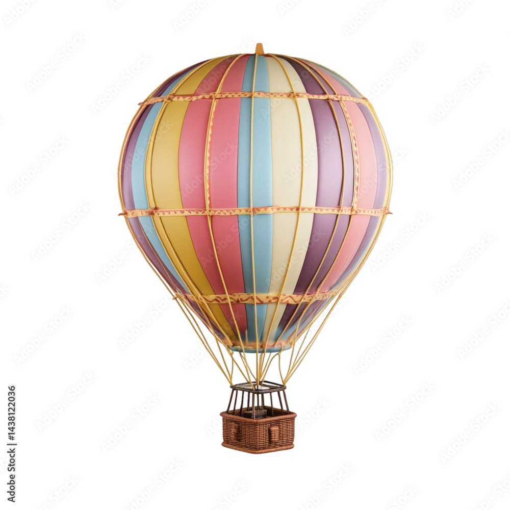 Naklejka premium realistic hot air balloon with colorful canopy isolated on clean white background, centered in frame with no edge touching, adventure travel experience focus
