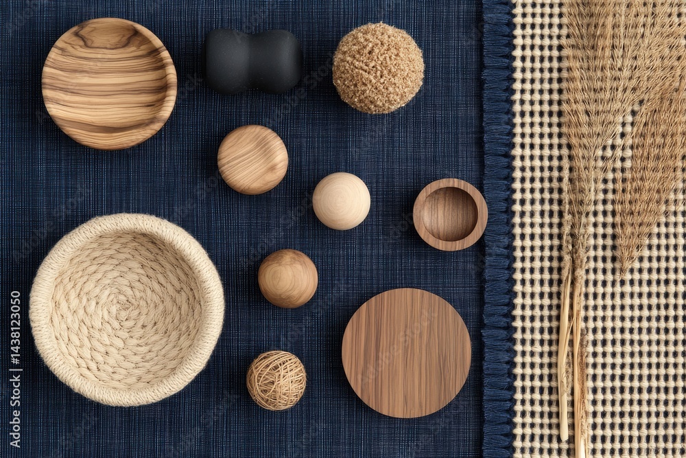 Wooden and Woven Objects on Dark Blue Fabric Wooden and Woven Objects on Dark Blue Fabric