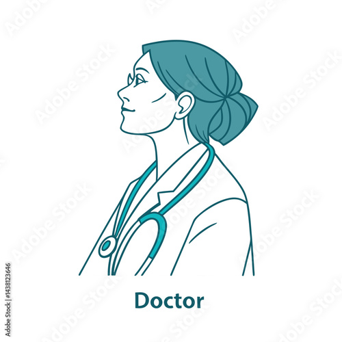 Line art side profile of woman doctor with hair bun and stethoscope, medical worker