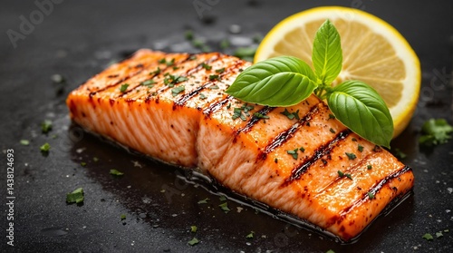 Grilled salmon steak served with herbs and vegetables on a plate for a healthy gourmet meal