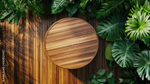 An image showcasing a sleek, wooden outdoor dining table set against a backdrop of vibrant tropical plants and palm leaves, creating an inviting and stylish al fresco dining setting.