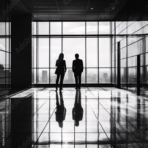 Two professionals in silhouette observe the cityscape through the high office windows.