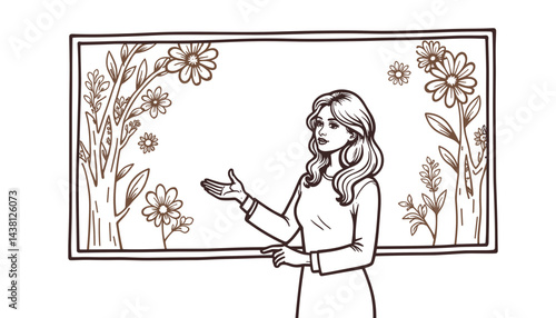 Teacher explaining spring themes by colorful bulletin board, education