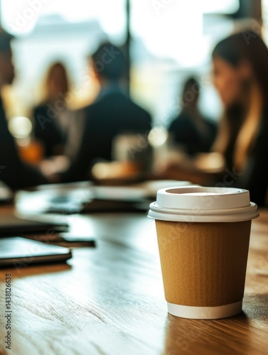 The image features a warm cup of coffee on a modern, sleek table. The office environment is conveyed by the blurred figures suggesting people engaged in conversations or working nearby. This captures
