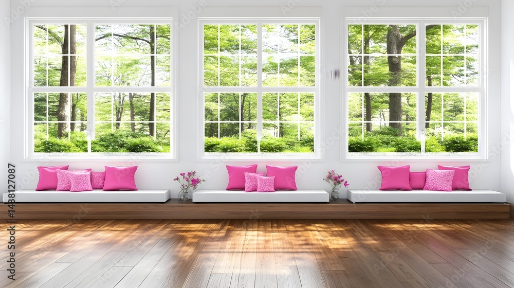 Fototapeta premium Bright and Spacious Living Room Interior with Large Windows and Greenery