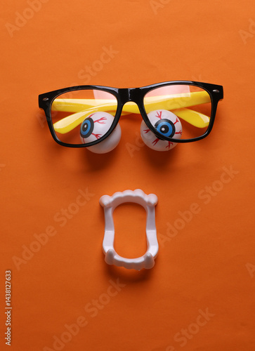 Eyeballs with eyeglasses and vampire jaw on orange background. Monster face. Halloween still life