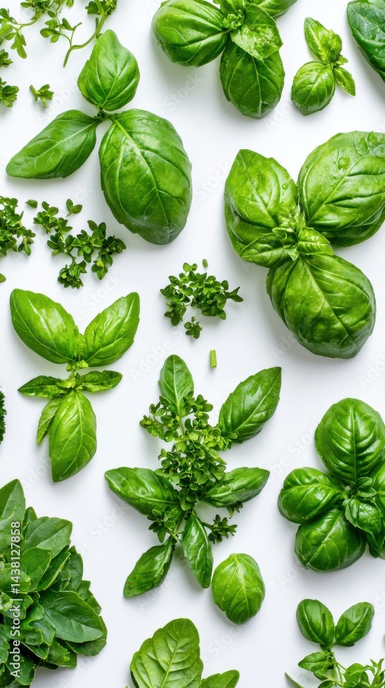 Fresh fragrant basil herbs with vibrant green leaves arranging on a white surface for culinary use or herbal remedies Fresh fragrant basil herbs with vibrant green leaves arranging on a white surface for culinary use or herbal remedies
